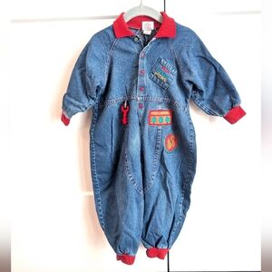 Vintage 80s BUSTER BROWN Wild Woods Patrol Denim Baby Jumpsuit Size 24 Months
